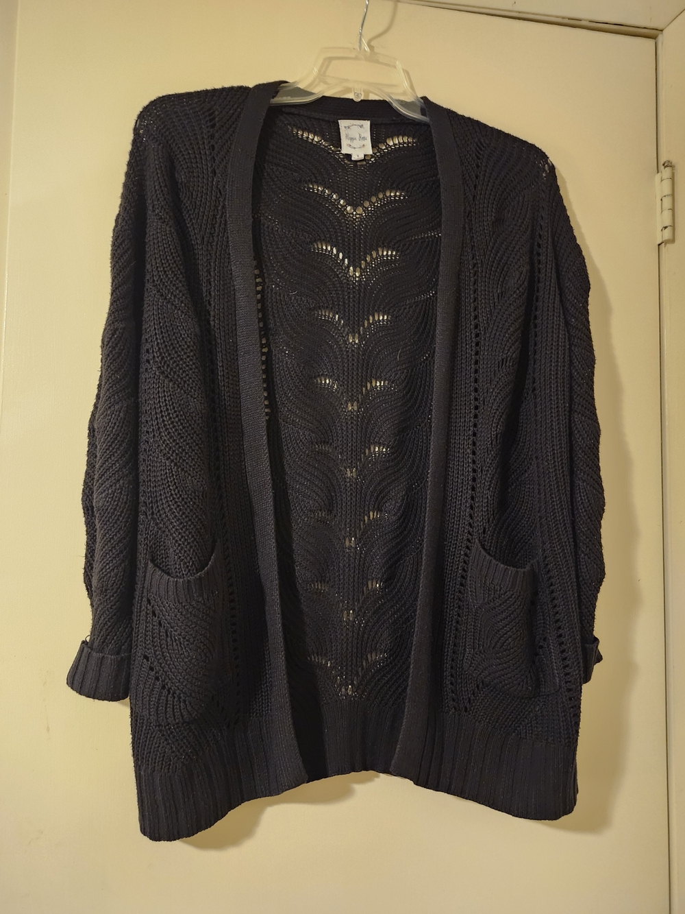 Hippie Rose Boho Open-Front Black Open Knit Whimsigoth Cardigan Sweater L